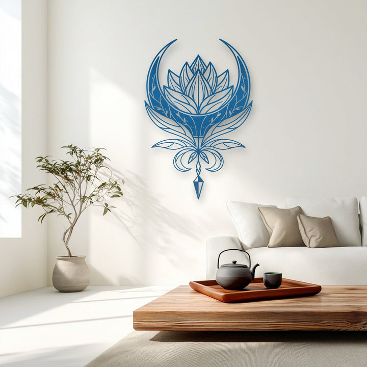 The celestial lotus metal artwork features elegantly sharp and intricate deep blue borders, defining its mandala-inspired design.