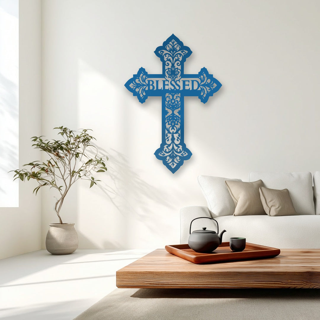 The realistic detail highlights the intricate, precision-cut blue Blessed Cross metal artwork, showcasing delicate filigree patterns.