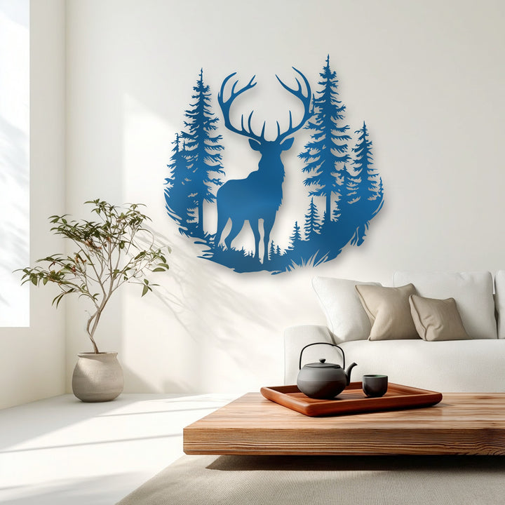 The dynamic visual rhythm of the stylized azure pine forest and proud stag defines this unique metal wall art.