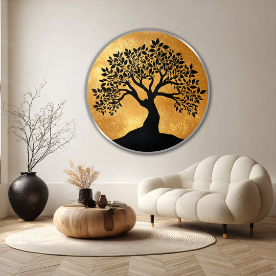 Radiant gold in this round oil painting art prints of an elegant black silhouette tree makes it the loudest element in the interior.