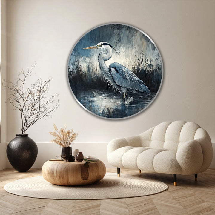 Realistically detailed, the elegant heron round oil painting wall art depicts a tranquil scene in cool gray tones, capturing the essence of wildlife in silent waters.