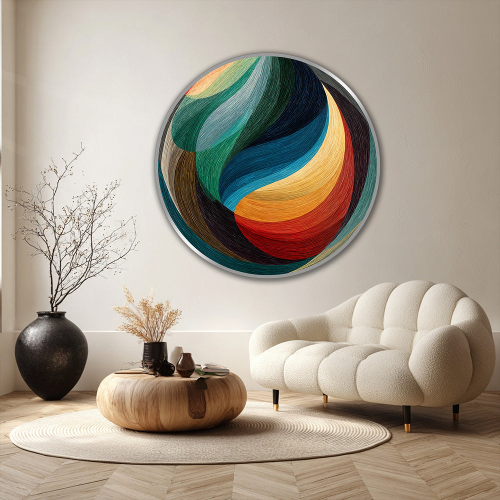 Geometric elements define this round, modern oil painting artwork, Chromatic Flow, showcasing an abstract design with flowing, segmented shapes in vibrant colors.