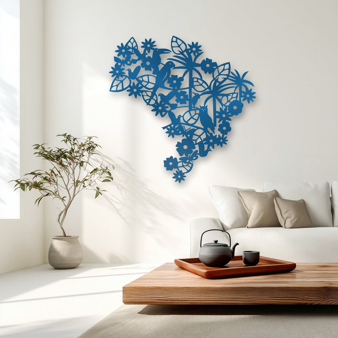 The intricate geometric patterns of the azure decorative metal art form a stylized map of Brazil, detailed with flora and fauna.