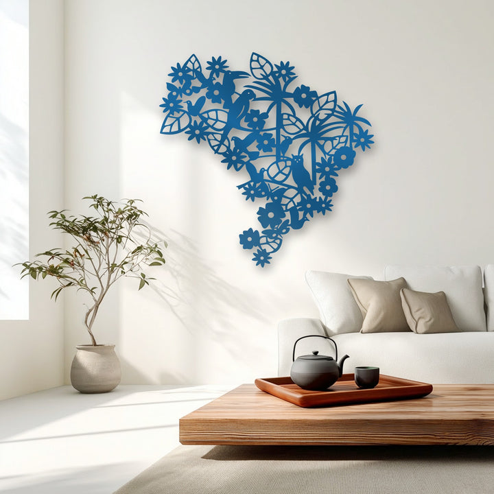 The intricate geometric patterns of the azure decorative metal art form a stylized map of Brazil, detailed with flora and fauna.