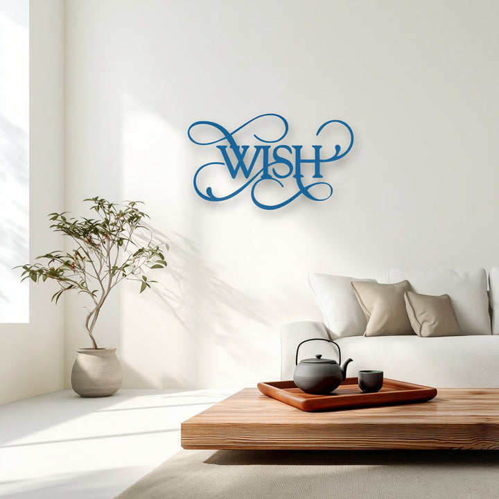 The striking unique metal wall art displays high color saturation, its vibrant blue 'Wish' elegant script typography decor contrasting with muted tones.