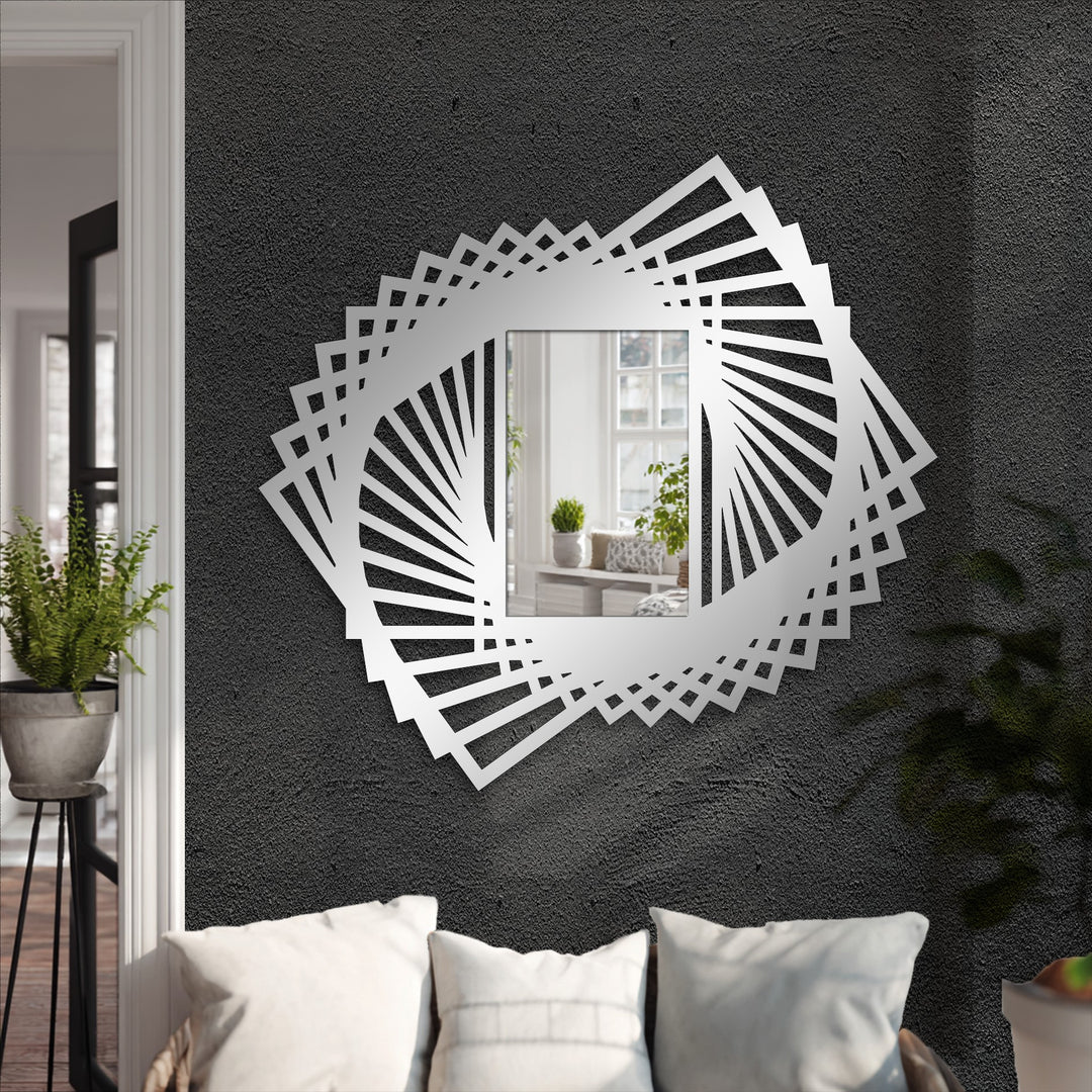 The modern spiral fan floor mirror features a geometric rotating frame design, a piece of unique metal wall art enhancing any interior space with its stylish statement.