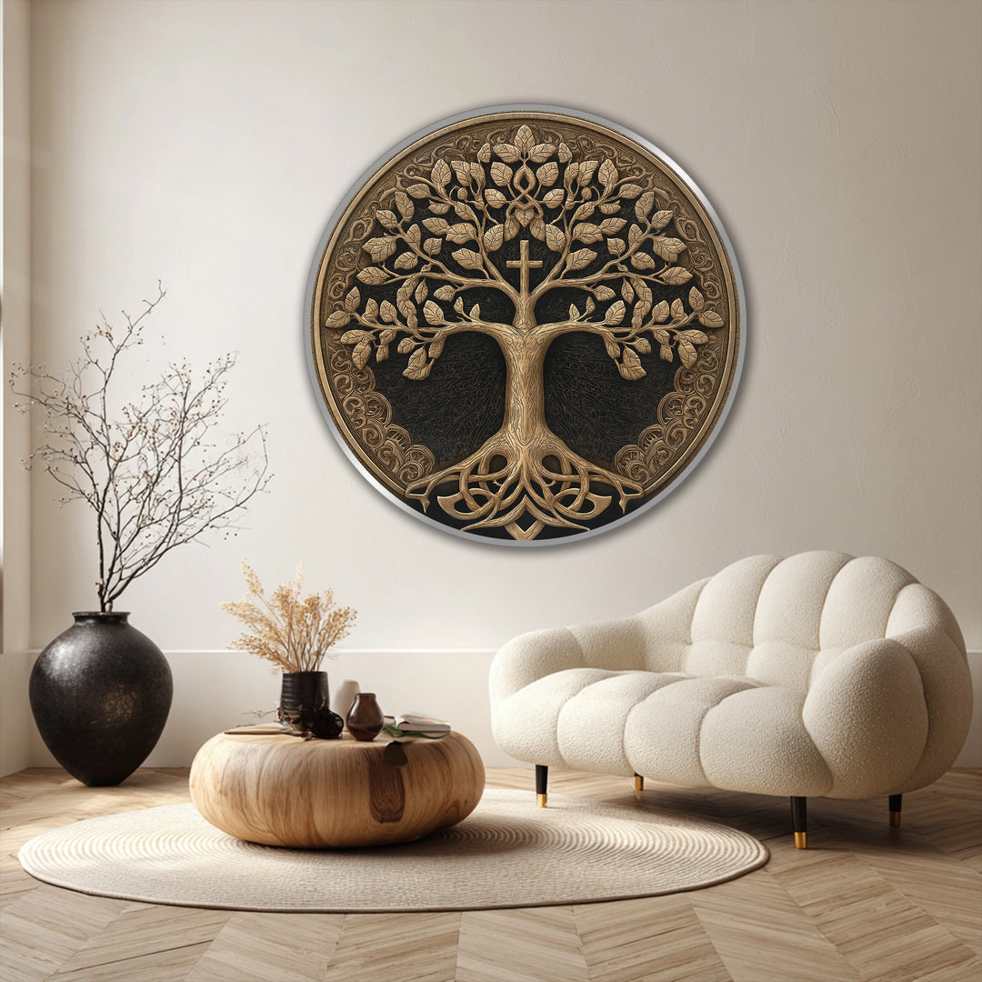 The darkest area accentuates the bronze tree of life in this ornate round oil painting wall art, highlighting a detailed cross against a deep, textured backdrop.
