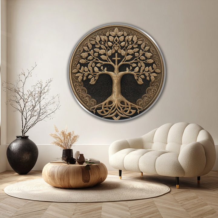The darkest area accentuates the bronze tree of life in this ornate round oil painting wall art, highlighting a detailed cross against a deep, textured backdrop.