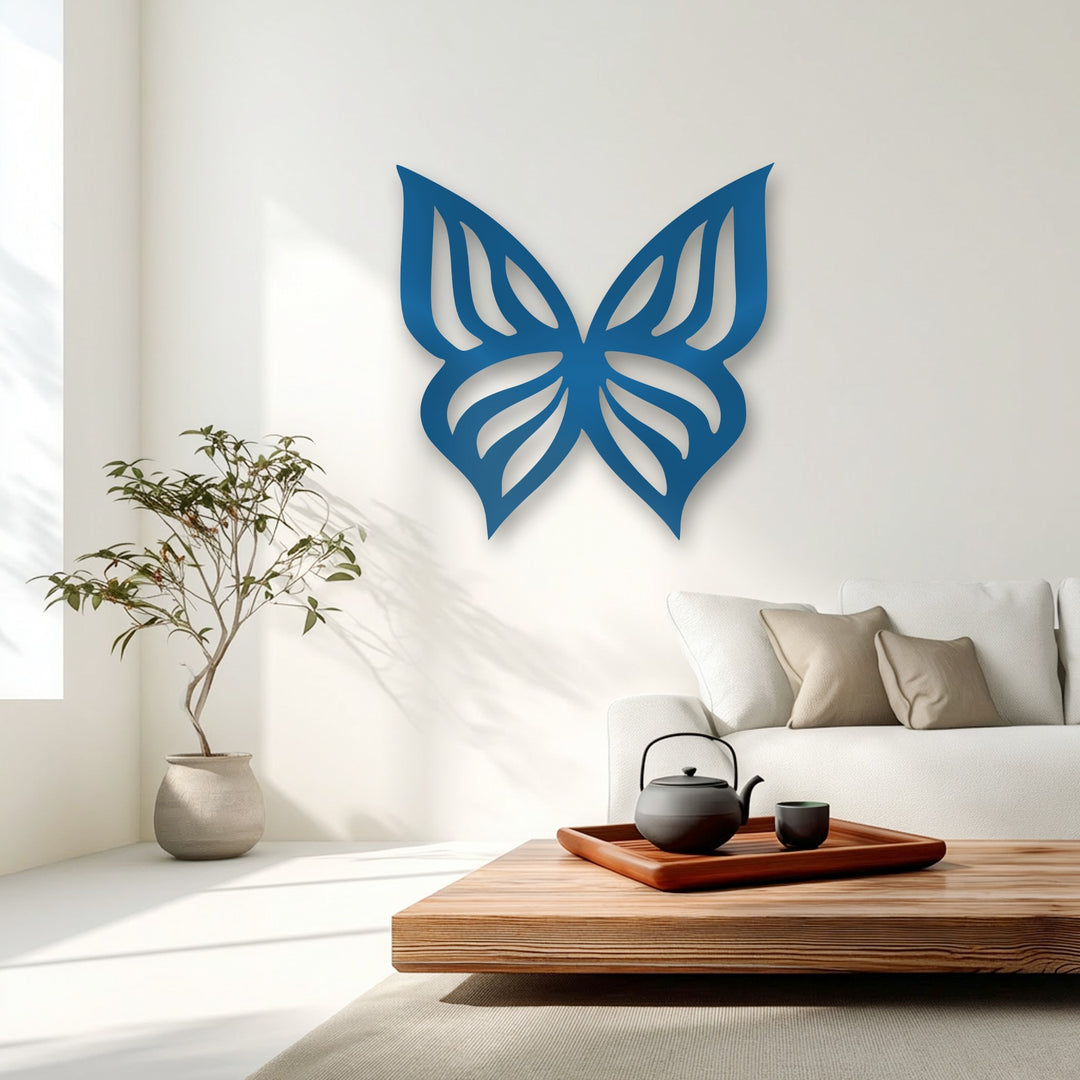 The elegant butterfly silhouette, a piece of decorative metal art, creates striking depth and layers with its subtle shadow against the bright wall.
