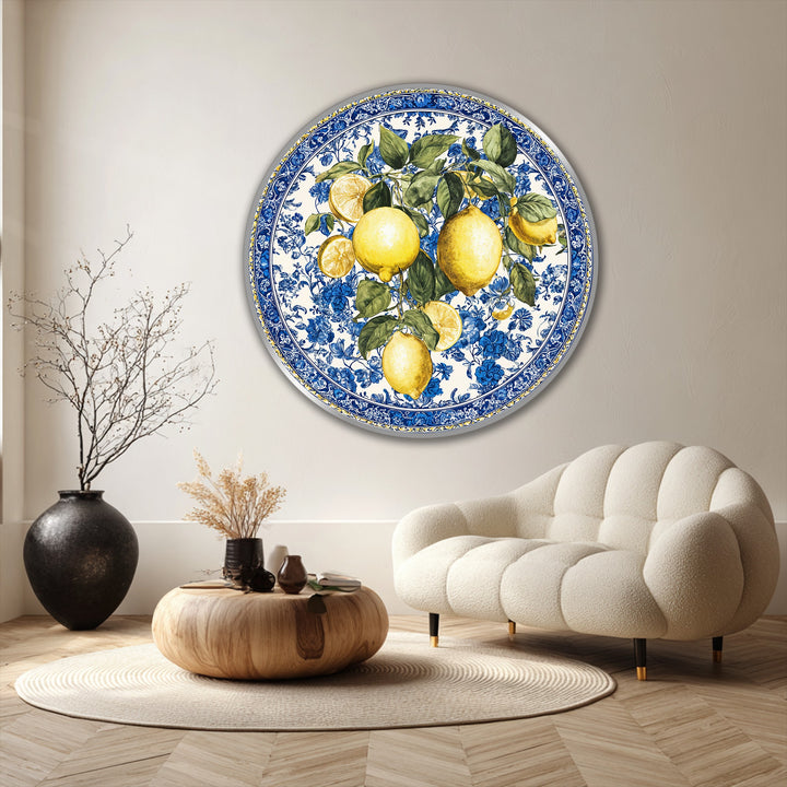 Light and shadow play across the lemons and blue floral design in this round oil painting home decor, creating depth and highlighting its Mediterranean-inspired freshness.