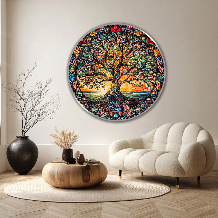 Warm color temperature radiates from this circular oil painting reproduction print depicting a vibrant Tree of Life with a stained glass effect.