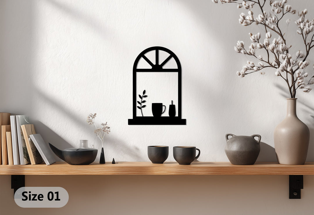 Cozy Window Scene – Coffee Mug & Plant Metal Wall Art
