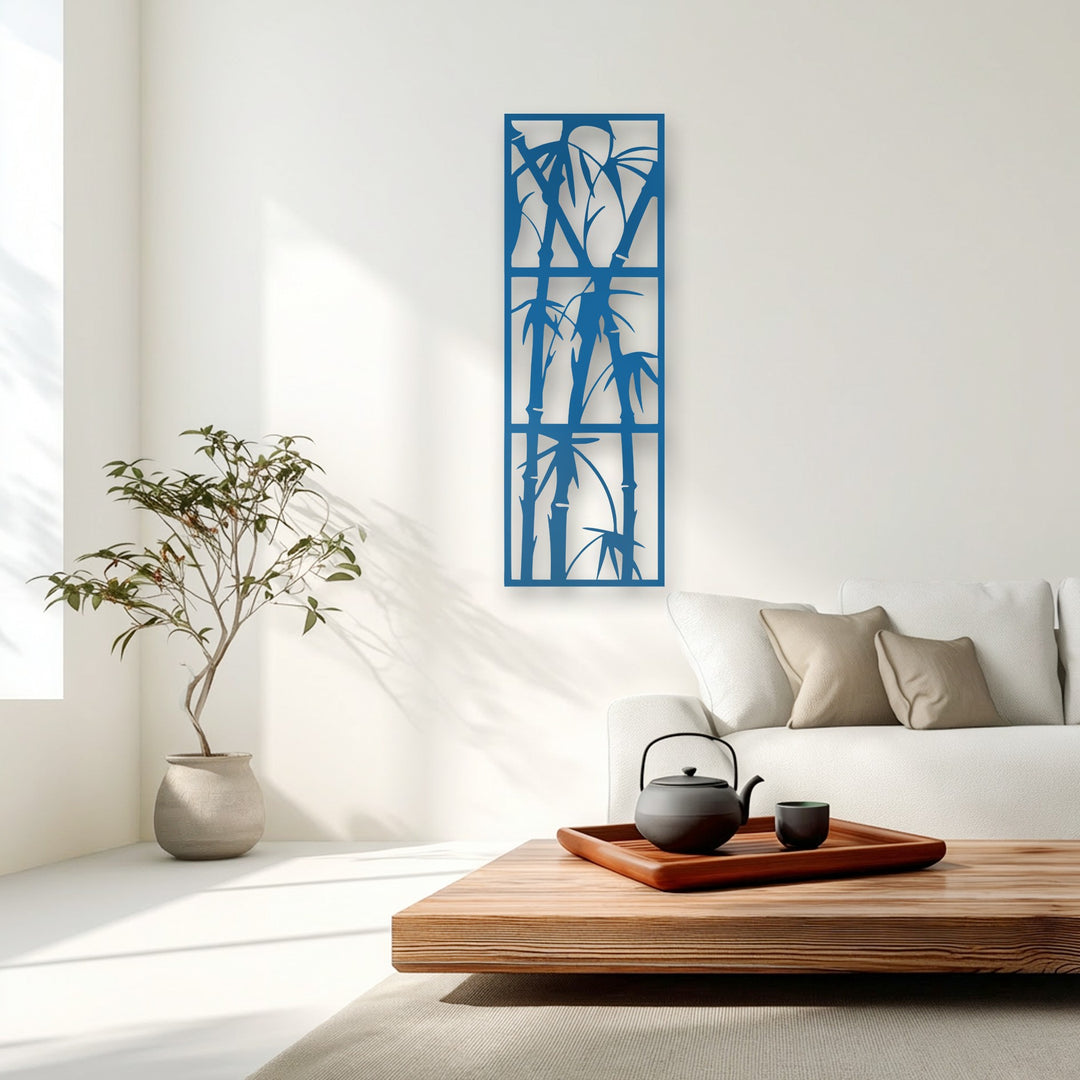 The bright, inviting color temperature of this minimalist living room is enhanced by the cool blue bamboo metal decoration wall art.