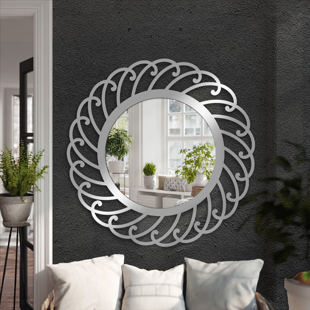 The realistic detail captures the swirl pattern round metal art for wall, showing its elegant spiral design as a decorative mirror.