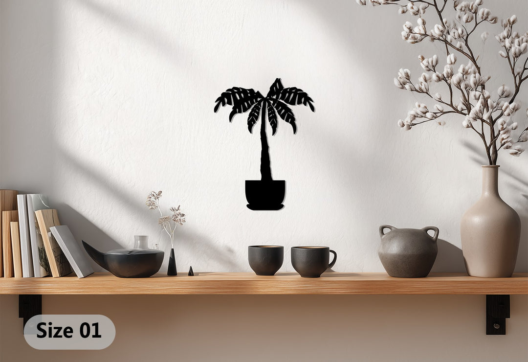 The modern botanical metal wall art, the central subject, beautifully captures a tropical palm tree rendered in sleek metal wall decor, perfect for adding a touch of nature.