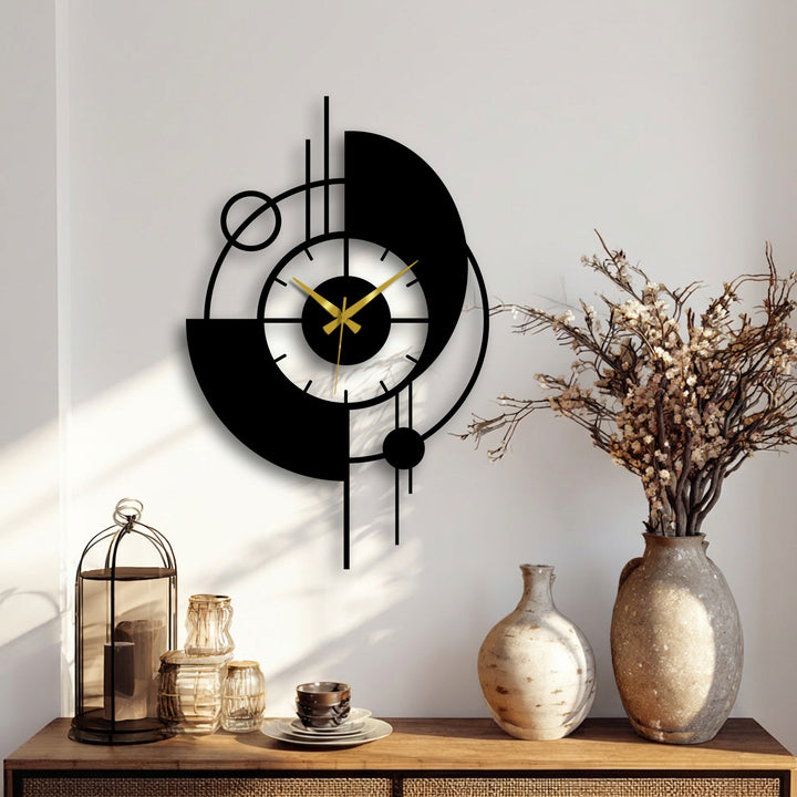 Displayed against the stark white background, the modern orbit abstract metal wall clock creates a focal point that complements the decoration wall art style of the room.