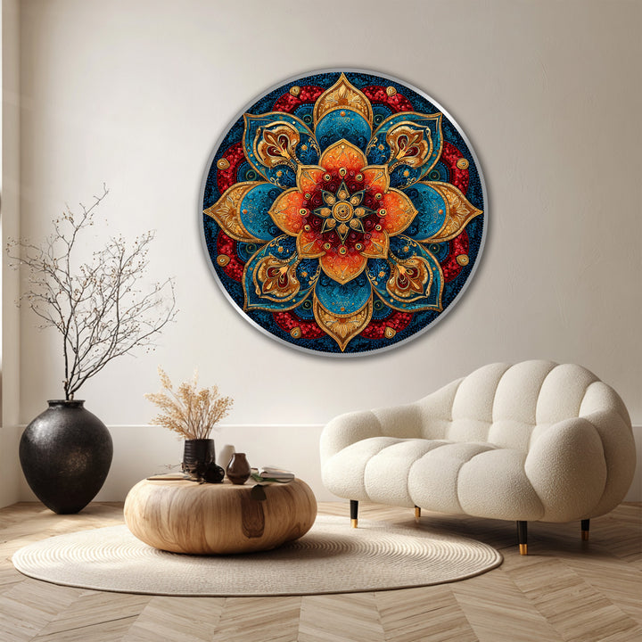 Subtle negative space surrounds the vibrant Radiant Jewel Mandala, an ornamental round oil painting, emphasizing its intricate design and luminous oil painting wall art.