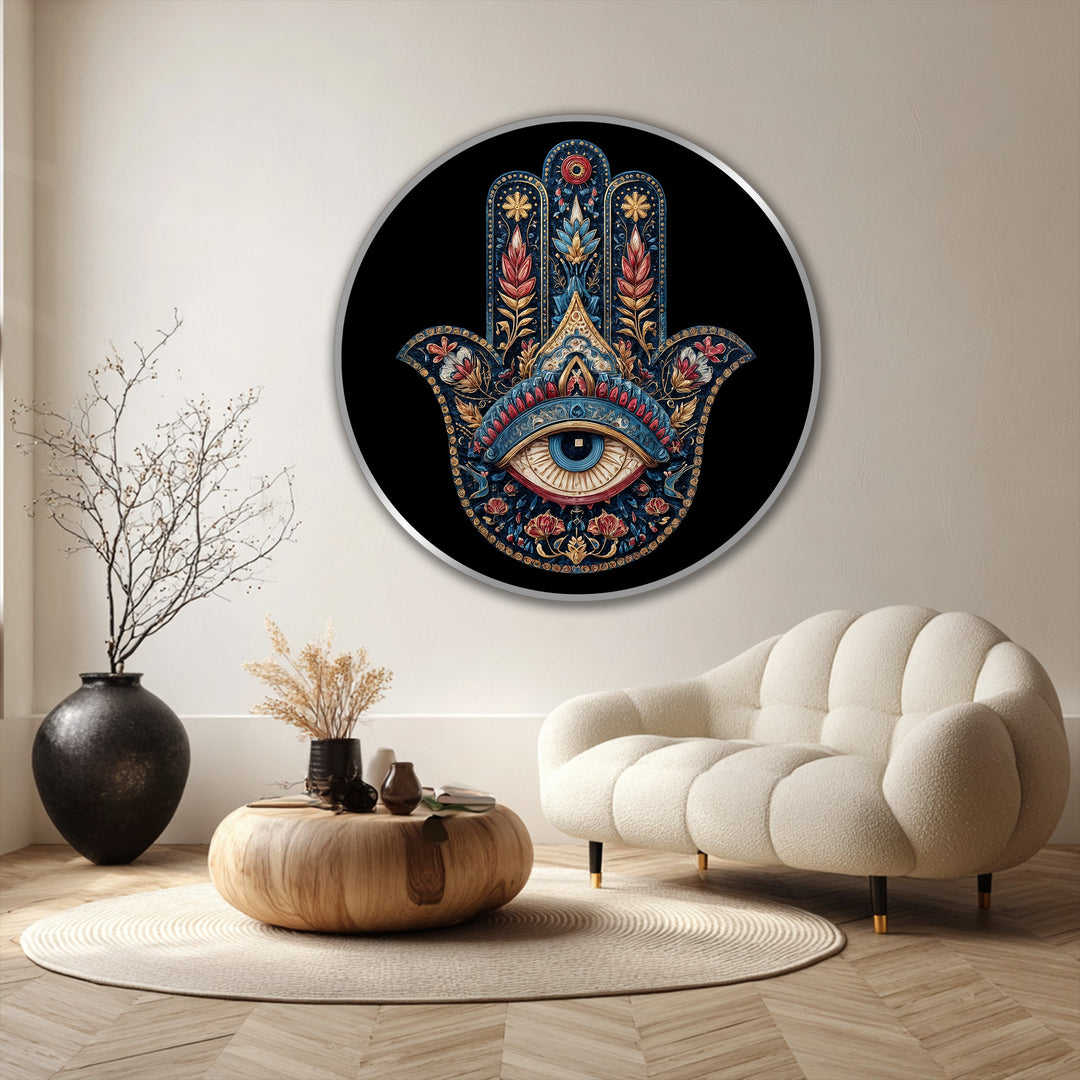Silver edges frame this round oil painting home decor featuring an ornate Hamsa hand with a protective eye, contrasting with the black border.