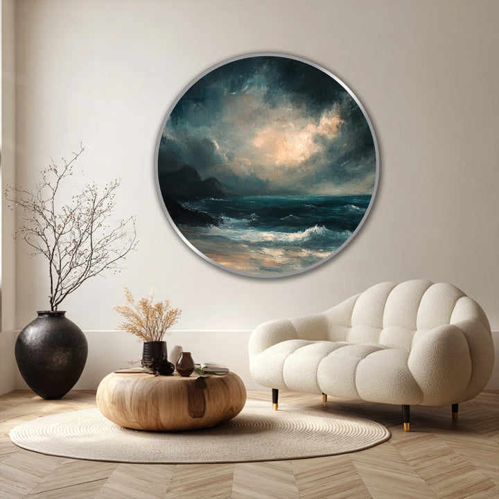 Visual rhythm is created with the crashing waves and luminous skies within this round tempest horizon oil painting decoration, an elegant seascape.