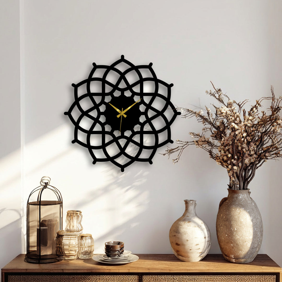 Showing the realistic detail of the Geometric Mandala, this decoration wall art clock's symmetrical abstract design is highlighted by its elegant golden hands on a wall.