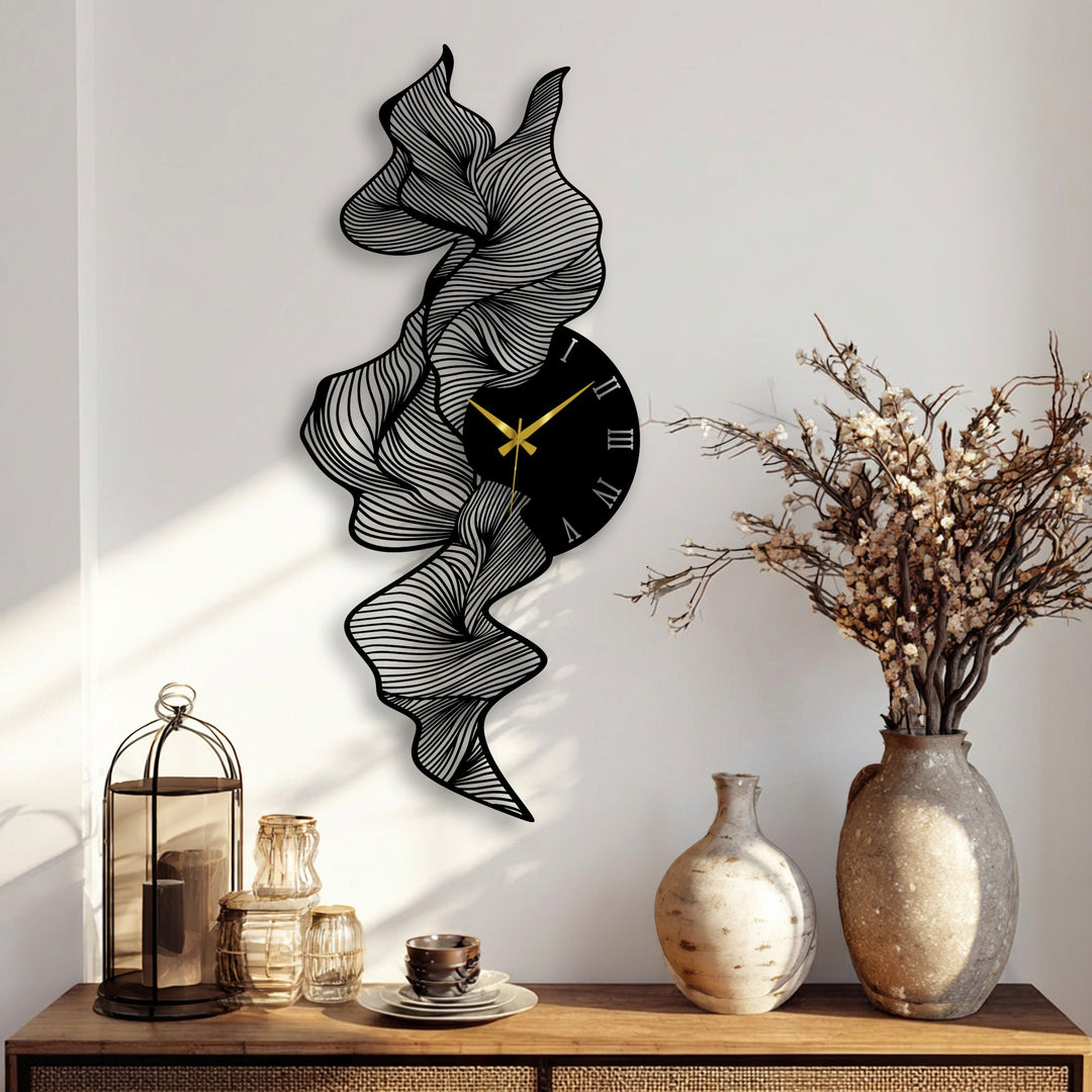 Softly shadowing the wall, the flowing lines of this abstract wave metal wall clock create a sophisticated metal artwork.