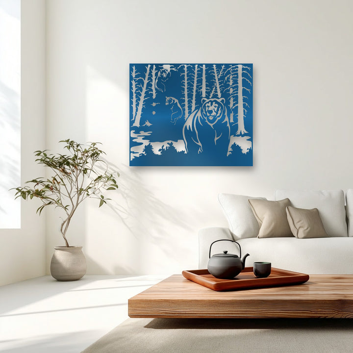 Vibrant blue dominant in this metal wall decor, depicting a wild forest bear amidst trees in a bright room.