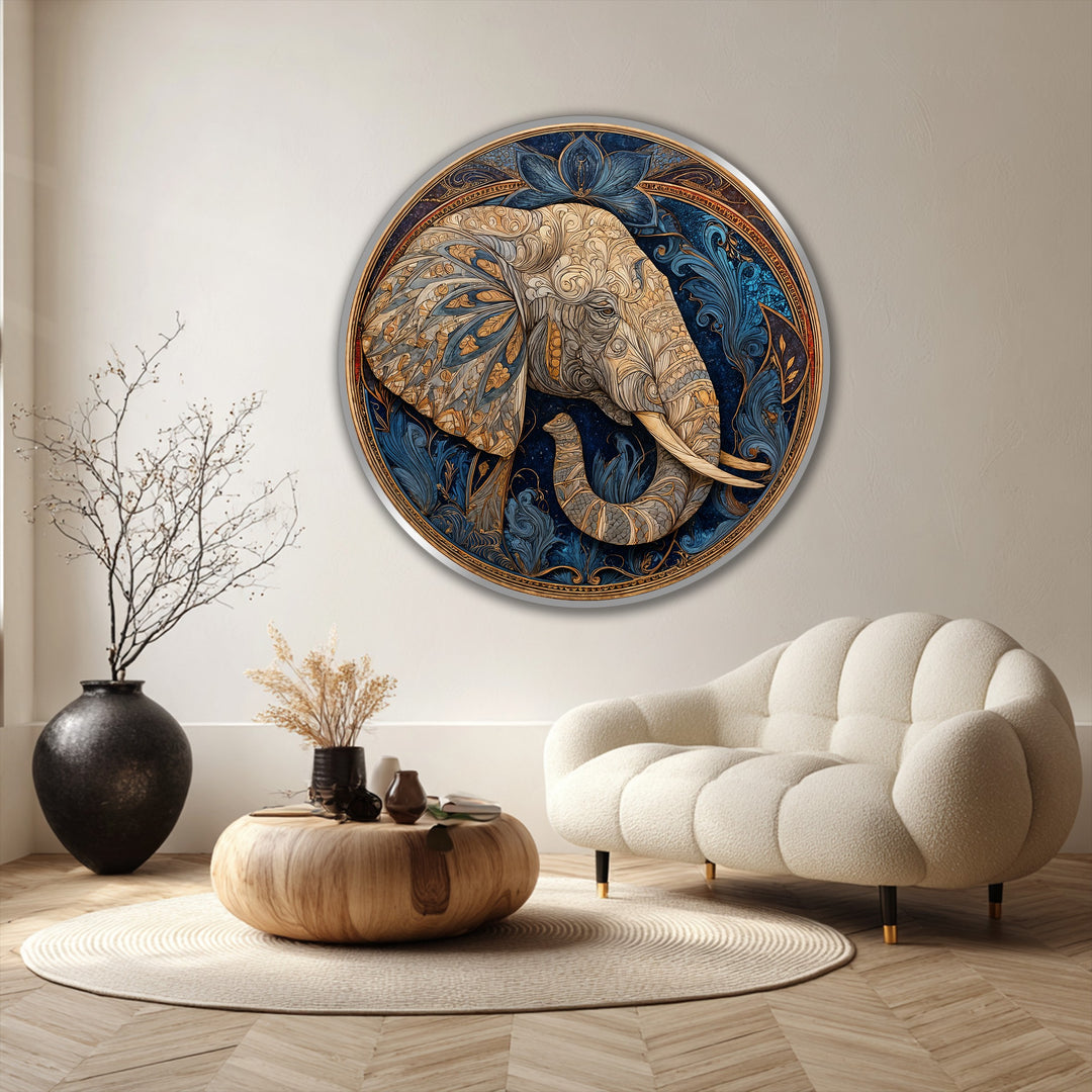 The focal point highlights the intricate design of the royal lotus guardian ornate elephant in this round oil painting art piece, featuring detailed patterns and symbolic elegance.