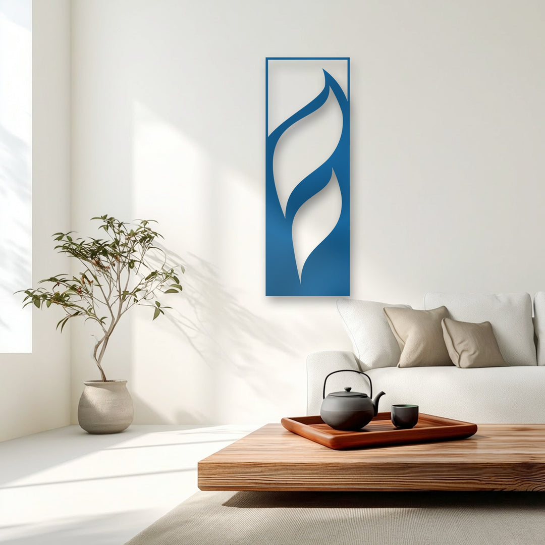 The darkest area highlights a black teapot and cup on a wooden tray, complementing the unique metal wall art with flowing leaves design.