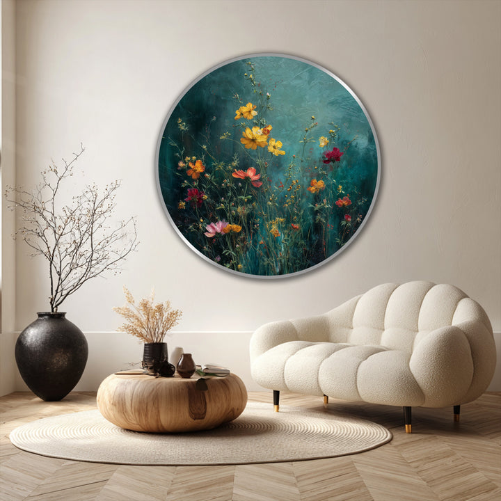 Teal dominates this round oil painting, 'Whispering Meadow – Wildflower Garden,' a piece of modern oil painting art showcasing a vibrant wildflower garden.