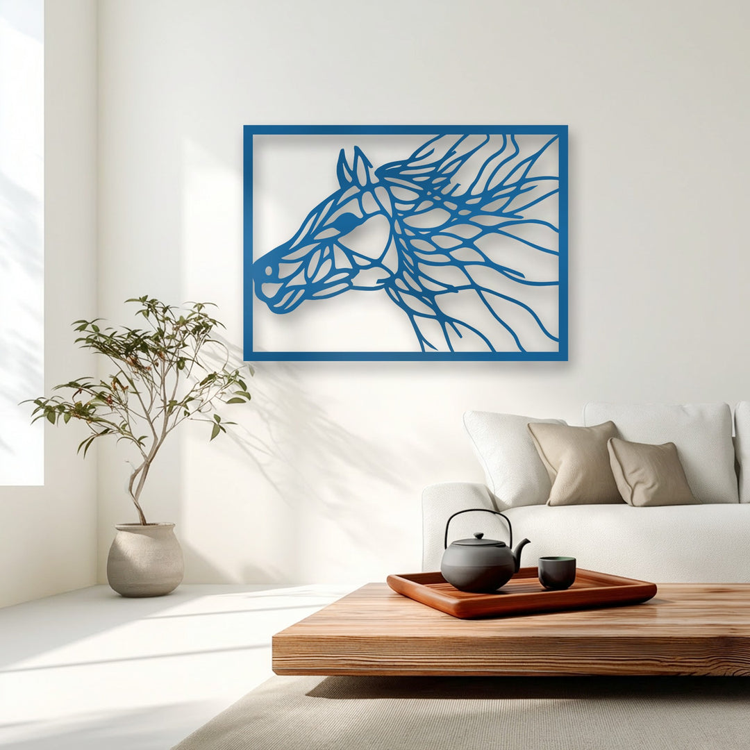 Crisp light and deep shadow reveal the intricate lines of the abstract horse metal decoration wall art, enhancing its form on the wall.