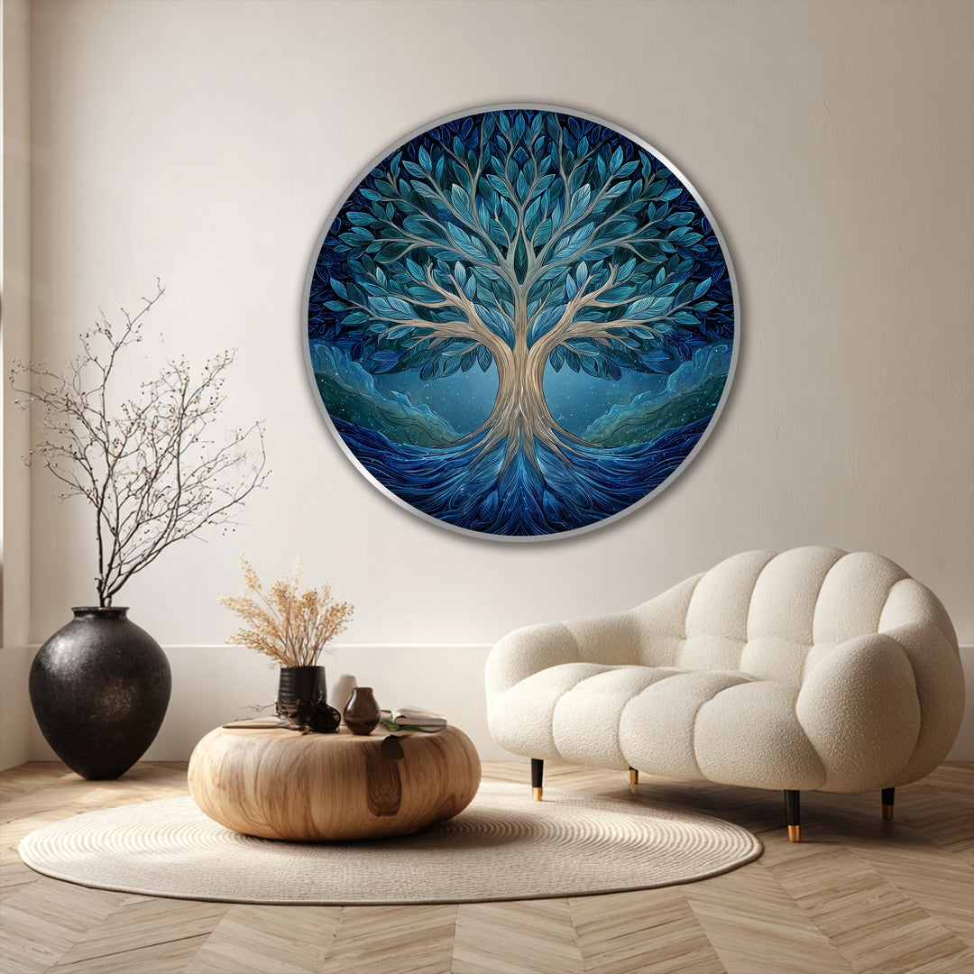 Transitioning hues define this round Tree of Life oil painting, a stunning example of oil painting home decor with its roots in deep blues and branches in softer, complementary shades.