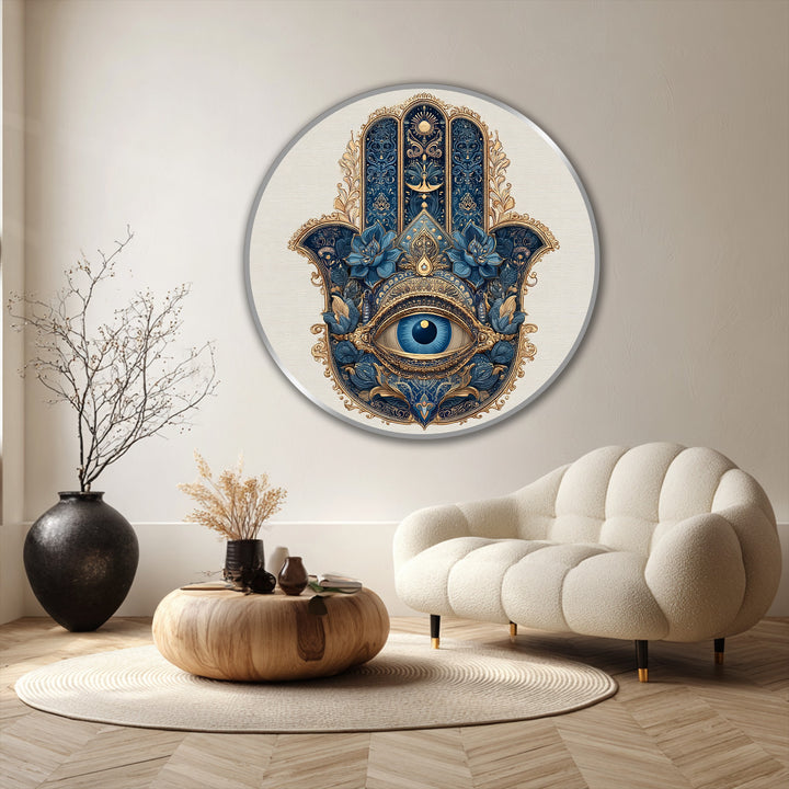 Featuring the edge and borders of a round modern oil painting art print displaying a royal Hamsa vision with ornate gold detailing on its surface.