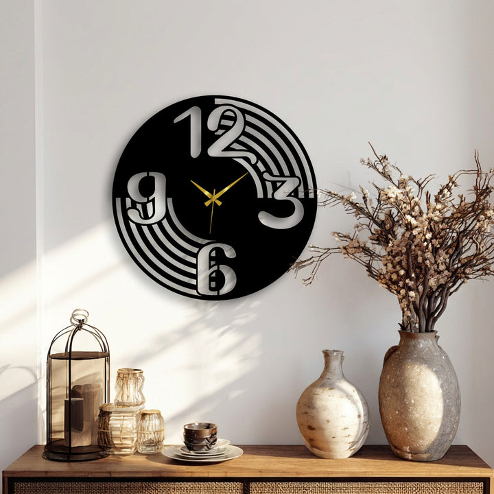 The abstract quality of this modern metal wall clock is defined by its minimalist curve design and bold, flowing numbers, creating striking decoration wall art.