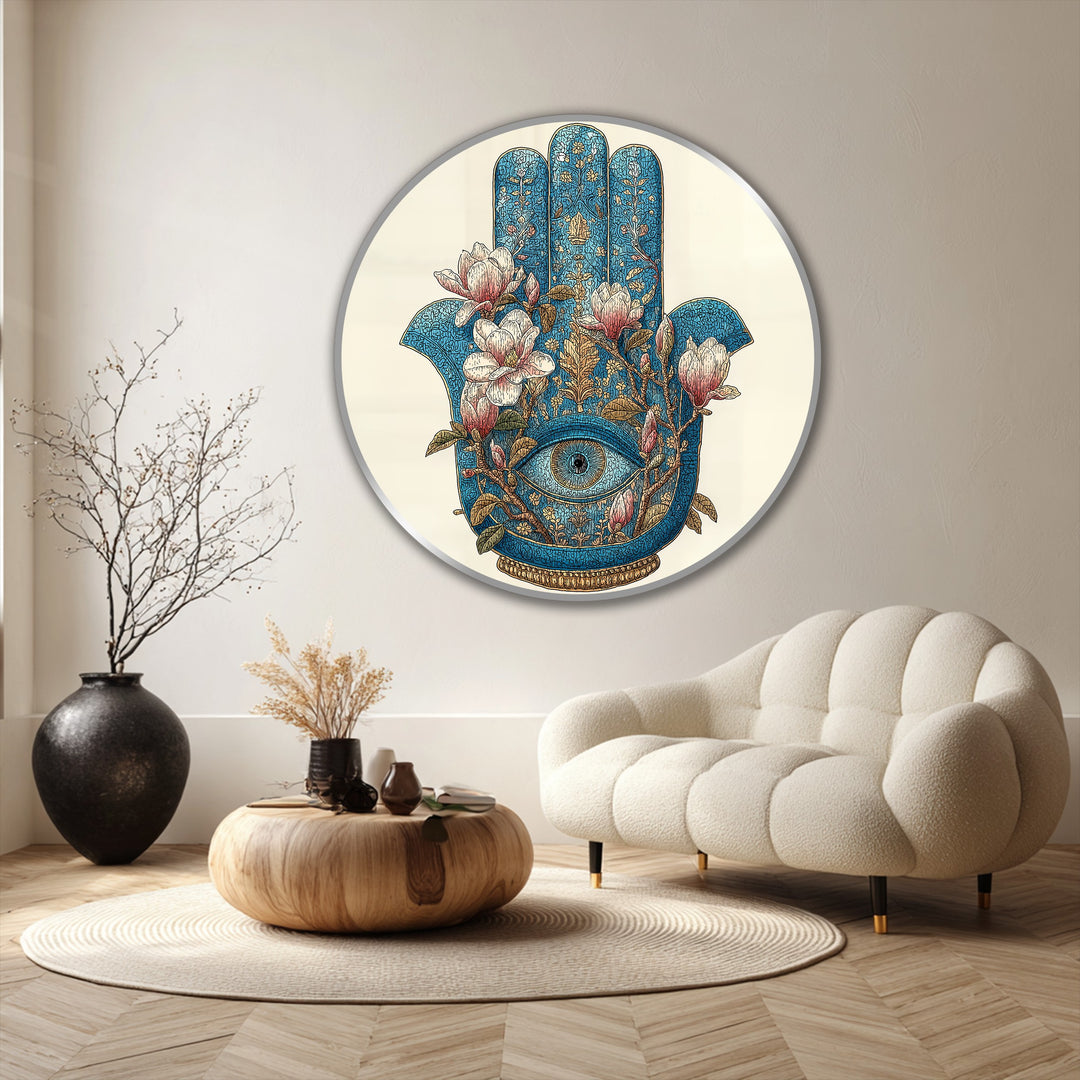 Horizontal, round oil painting artwork features a floral Hamsa eye, a mystical symbol with flowers in a circular format.