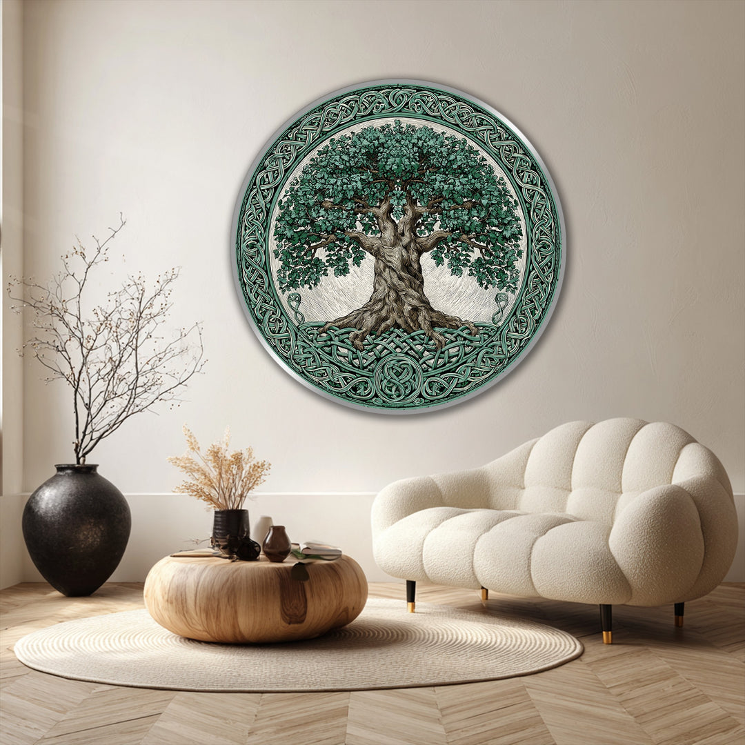 Finely crafted oil painting wall art shows a Celtic Tree of Life, highlighted by the rich texture and vibrant color achieved with quality oil paints.