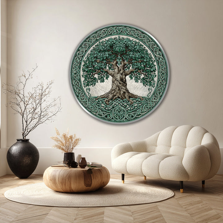 Finely crafted oil painting wall art shows a Celtic Tree of Life, highlighted by the rich texture and vibrant color achieved with quality oil paints.