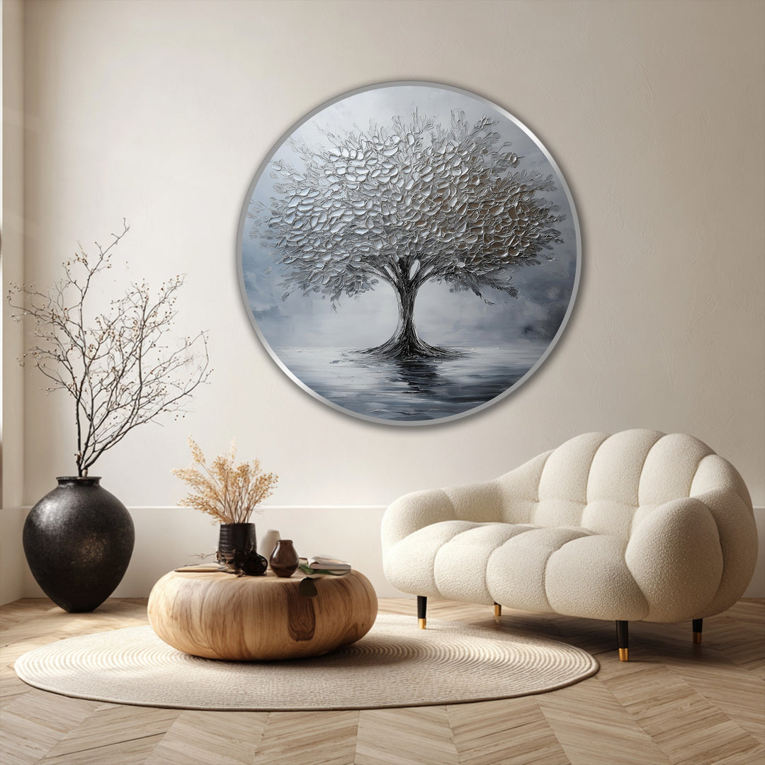 Abstract interpretation of a round oil painting art piece, reflecting a silver monochrome tree in shimmering waters, creating a serene and modern aesthetic.