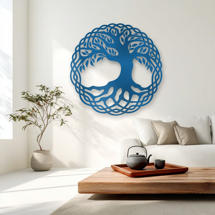 The vibrant blue Celtic Tree of Life circle metal artwork, featuring an intricate nature design, serves as the main subject.