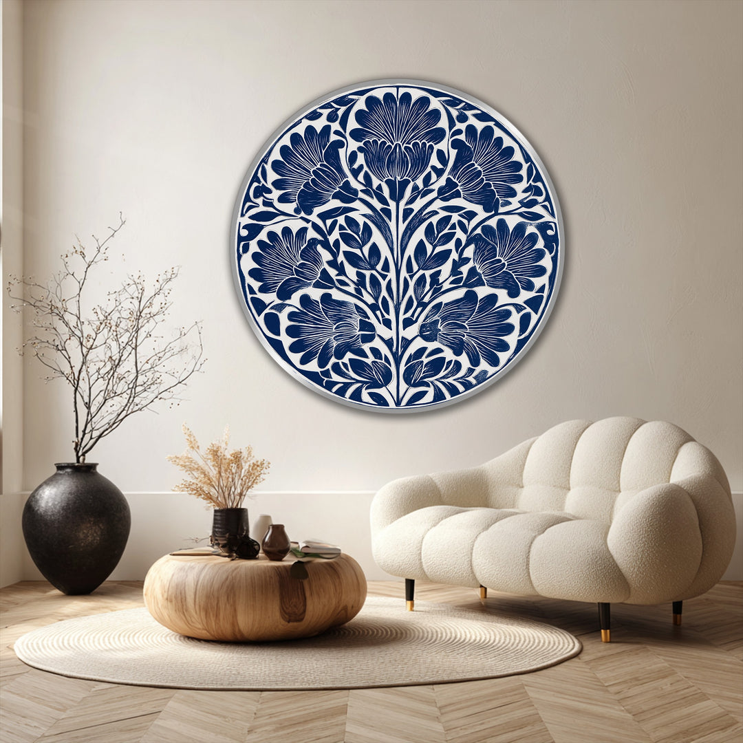 Visual rhythm emanates from the repeating indigo floral motif in this round oil painting, crafting a modern oil painting art piece with a harmonious botanical design.