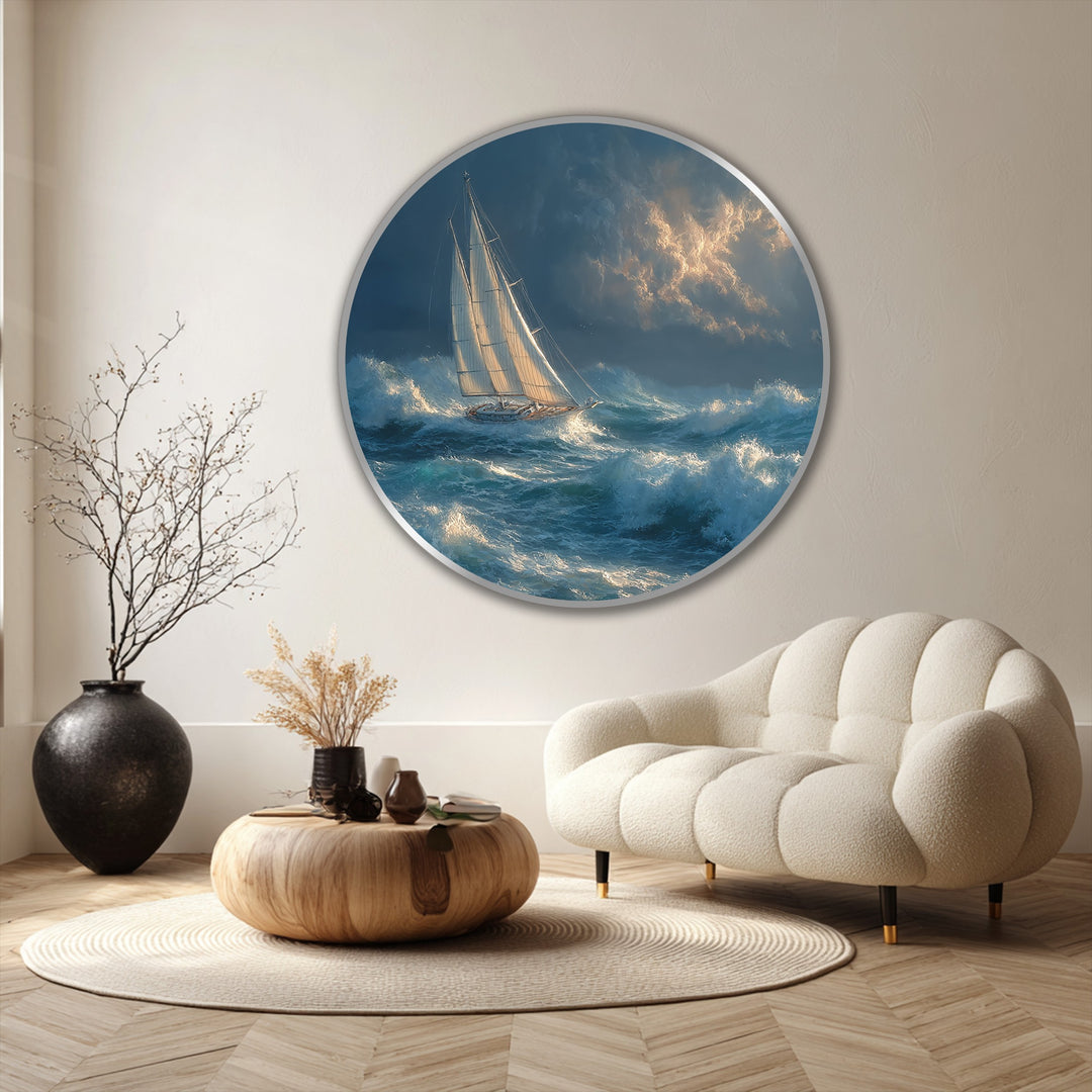 High color contrast showcases the dramatic 'Stormbound Voyage' oil painting artwork, a round nautical scene with intense blue waves and a brilliantly lit sailboat.