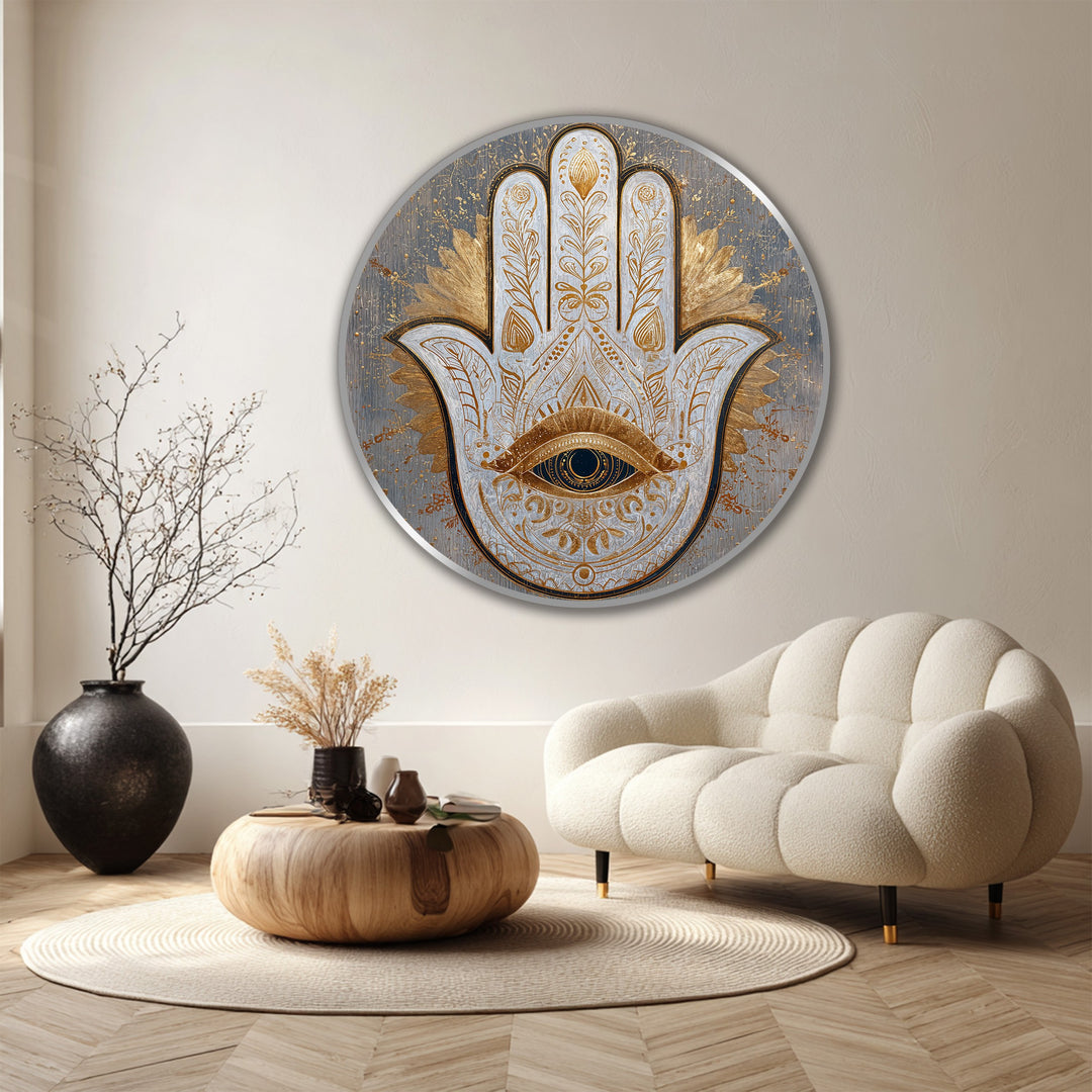 Geometric symmetry defines this sacred Hamsa eye design within an ornate round wooden oil painting wall art, with detailed golden patterns radiating outwards.