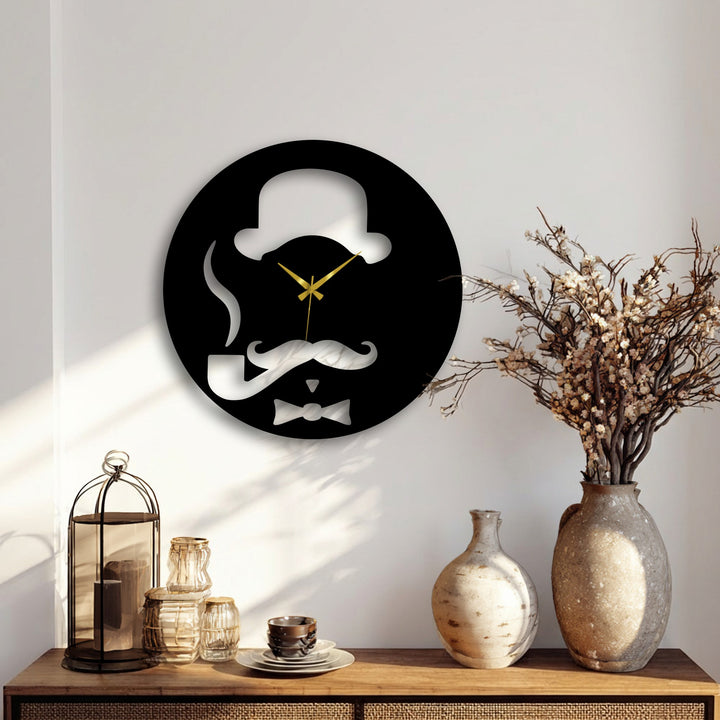 Warm ambient light imbues the vintage gentleman metal wall clock, featuring a hat and pipe design as charming decoration wall art.
