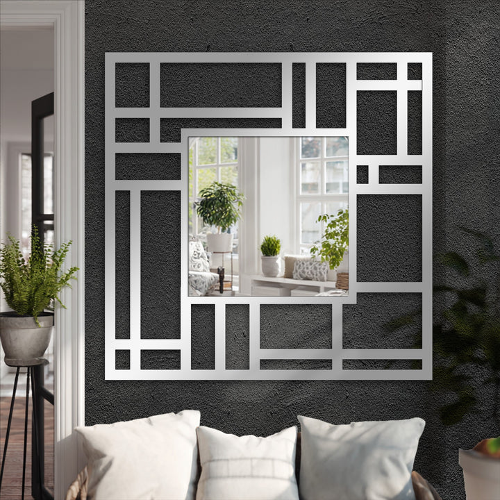 Structured grid metal artwork creates a bold geometric statement as a wall mirror, adding contemporary elegance and reflection to the space.
