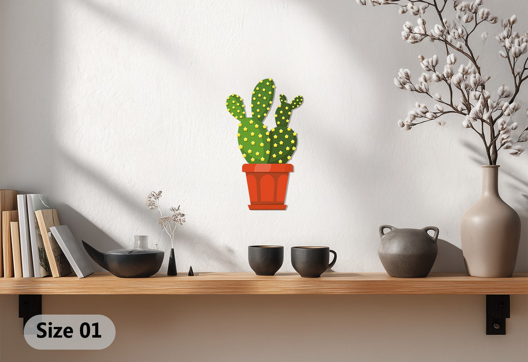Crisp edges define this prickly pear cactus metal artwork, a desert botanical metal wall art piece with a modern border.