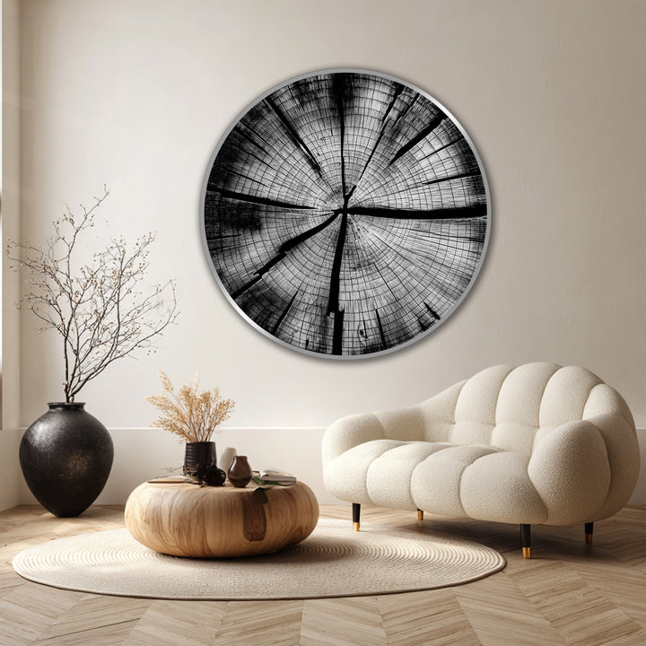 Behind the monochrome tree rings oil painting decoration, a neutral wall enhances the minimalist aesthetic of the natural-inspired art.
