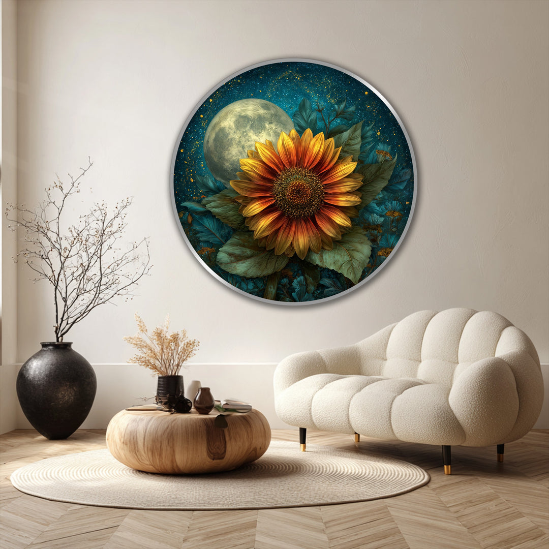 Moonlit Sunflower Bloom – Dreamlike Floral Round Oil Painting