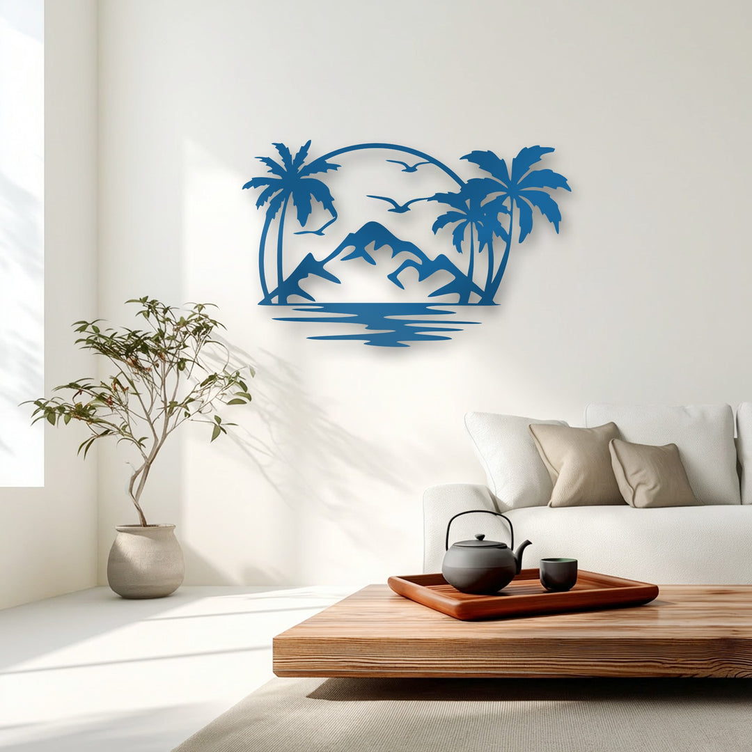 The darkest area is a unique metal wall art in deep azure, showing a tropical island silhouette with palm trees, mountains, and calm water.