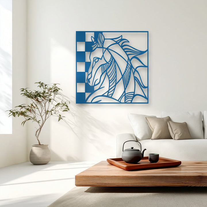 A rectangular and horizontally oriented abstract vibrant blue metal horse decoration wall art piece features a striking checkered pattern.