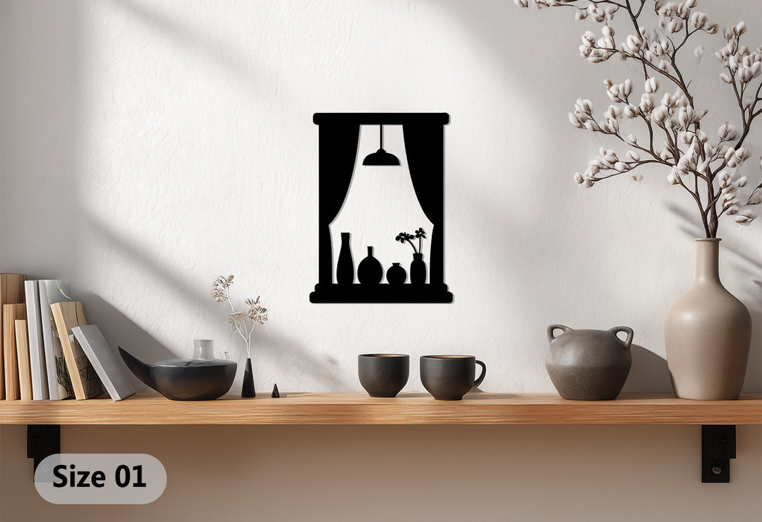 Window Scene with Vases and Lamp – Modern Metal Wall Art Decor