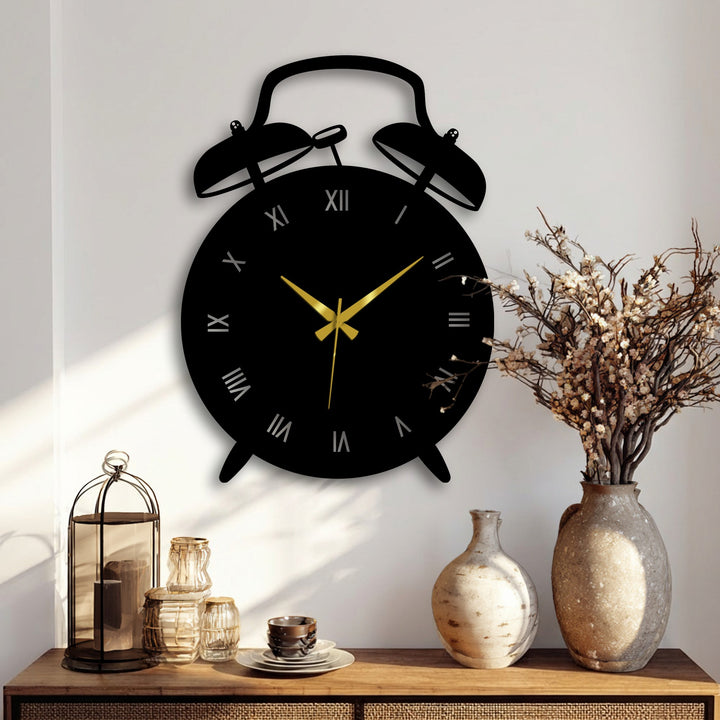 Despite its limited color saturation, the metal art for wall showcases a striking vintage alarm clock, a modern wall clock blending retro style with gold clock hands.
